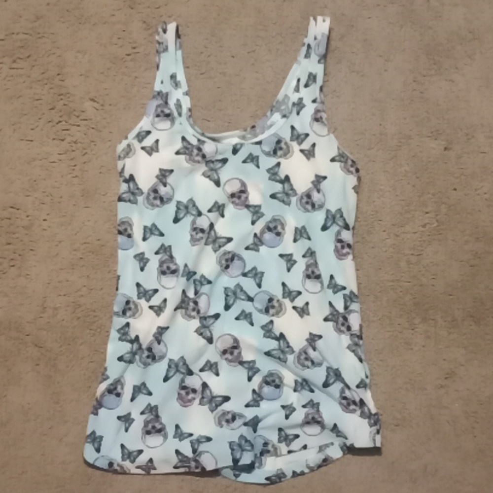 Blue and white tie die tank with butterfly and skull print